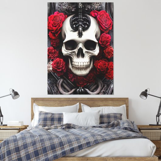 Donkere en gotische schedel en Rozen Murial Canvas Afdruk (Insitu (Slaapkamer))