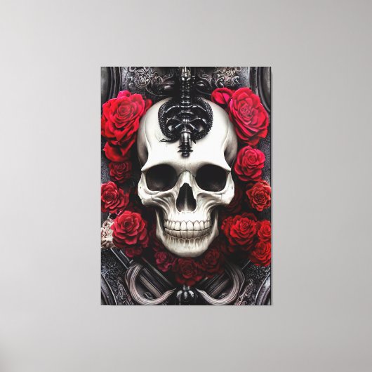 Donkere en gotische schedel en Rozen Murial Canvas Afdruk (Voorkant)