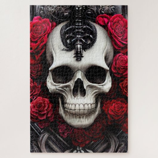 Donkere en gotische schedel en Rozen Murial Legpuzzel (Verticaal)