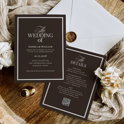 Donkere Espresso Bruin | Luxe RSVP QR Code Trouwka Kaart