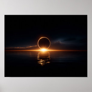 Donkere fantasievallei met gloeiende groene lucht  poster