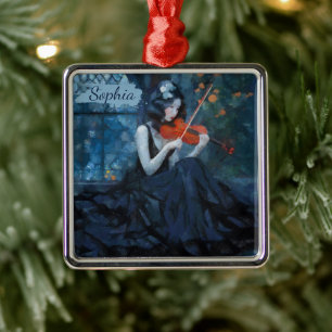 Donkere Fantasy Gotische Violiste in Moonlit Garde Metalen Ornament