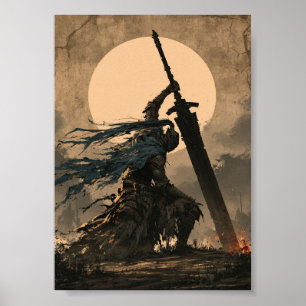Donkere Fantasy Knielende Ridder met Groot Zwaard Poster