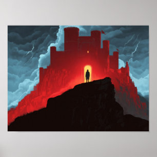 Donkere Fantasy Rode Fort Silhouet Avonturen Kunst Poster