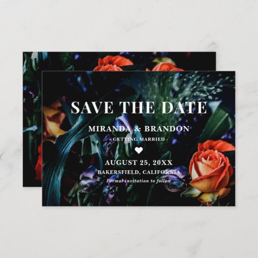 Donkere Floral Botanical Wedding Save the Date Car (Voorkant / Achterkant)