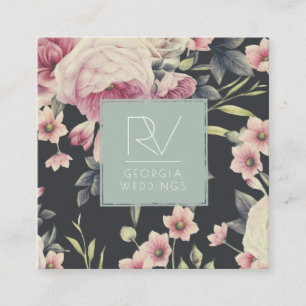 donkere Floral op zwart Monogram Vierkante Visitekaartje