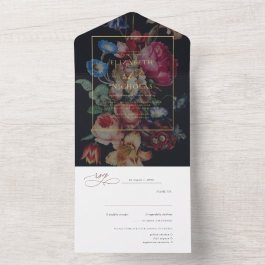 Donkere  Floral | Weddenschap All In One Uitnodiging (Binnen)