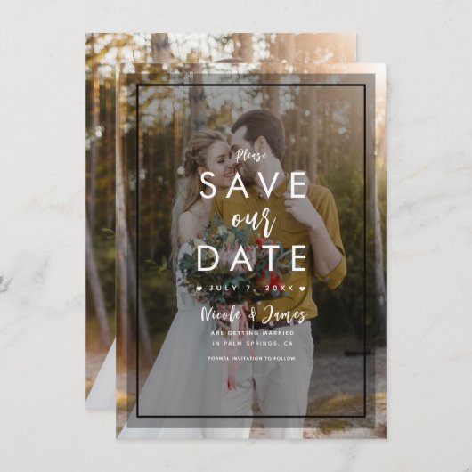 Donkere foto Tint Overlay 3 Modern Save the Date Kaart (Voorkant / Achterkant)