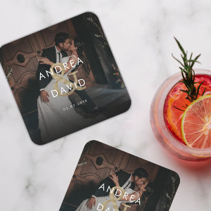 Donkere foto's en monogram Elegant Black Wedding Vierkante Kartonnen Onderzetter