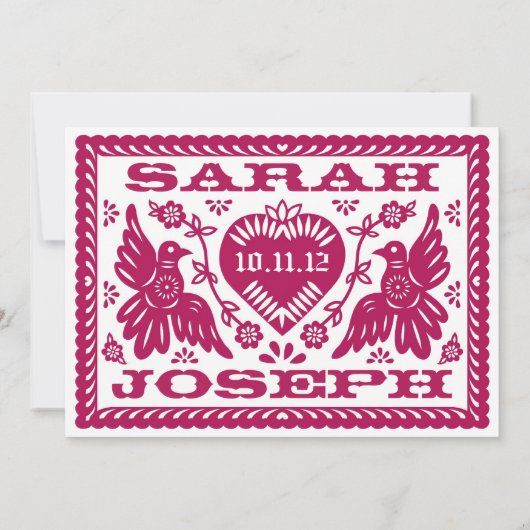 Donkere Fuchsia Papel Picado Style-Tortelduifjes Kaart (Achterkant)
