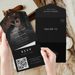 Donkere gevlekte foto Moderne QR Code Weddenschap All In One Uitnodiging