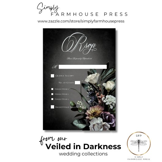 Donkere gothische mysterieuze gedempte bloemige ve RSVP kaartje