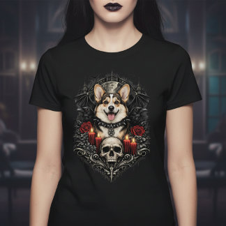 Donkere Gotische Corgi Met Schedel en Kaarsen T-shirt