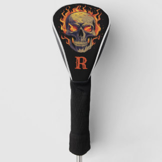 Donkere gotische schedel in vlammen monogram initi golfheadcover