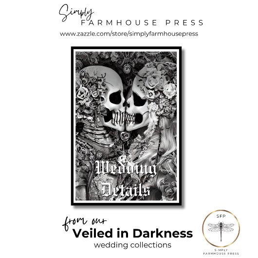 Donkere gotische zwart-wit skelet koppel details informatiekaartje