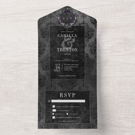 Donkere Gotische Zwarte Damast Eetservies All In One Uitnodiging (Binnen)