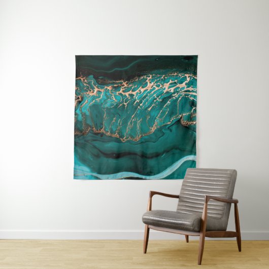 Donkere groene golven in abstracte lagen wandkleed (In Situ (horizontaal))