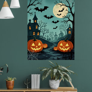 Donkere Halloween landschap met Bats & Spider Web Poster