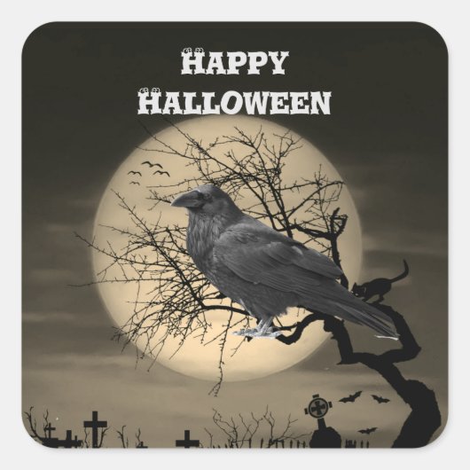 Donkere Halloween Raven in Tree Vierkante Sticker (Voorkant)