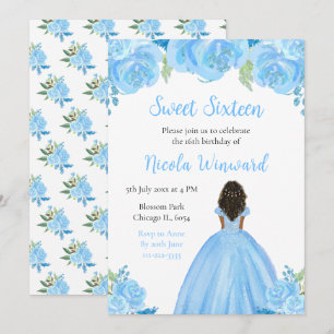 Donkere huid Princess Blue Floral Sweet Sixteen Kaart