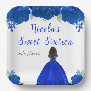 Donkere huid Princess Blue Floral Sweet Sixteen Papieren Bordje