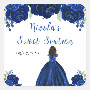 Donkere huid Princess Blue Floral Sweet Sixteen Vierkante Sticker
