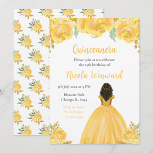 Donkere huid Princess Gold Floral Quinceanera Kaart