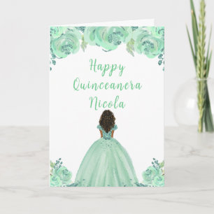 Donkere huid Princess Mint Floral Quinceanera Kaart