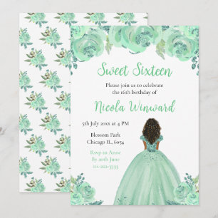 Donkere huid Princess Mint Floral Sweet Sixteen Kaart
