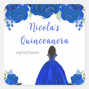Donkere Huid Prinses Blauw Bloemstuk Quinceanera Vierkante Sticker