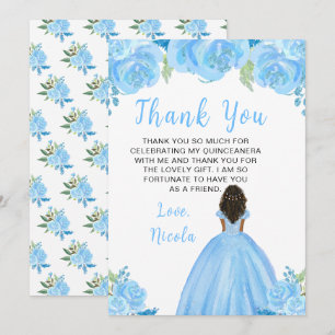 Donkere Huid Prinses Blauwe Bloemige Quinceanera Bedankkaart