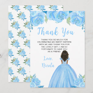 Donkere Huid Prinses Blauwe Bloemige Sweet Sixteen Bedankkaart