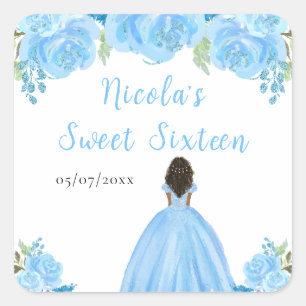 Donkere Huid Prinses Blauwe Bloemige Sweet Sixteen Vierkante Sticker