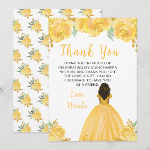Donkere Huid Prinses Gouden Bloemige Quinceanera Bedankkaart