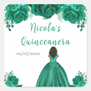Donkere Huid Prinses Groene Bloemige Quinceanera Vierkante Sticker
