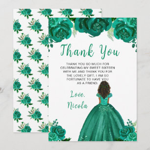 Donkere Huid Prinses Groene Bloemige Sweet Sixteen Bedankkaart