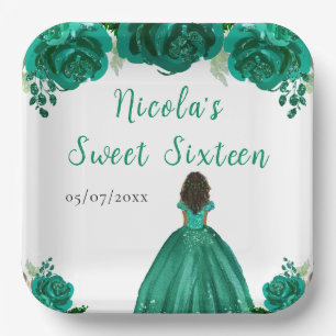 Donkere Huid Prinses Groene Bloemige Sweet Sixteen Papieren Bordje