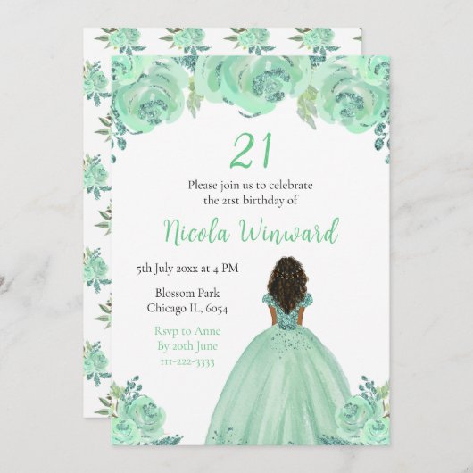 Donkere Huid Prinses Mint Bloemen Verjaardagsfeest Kaart (Voorkant / Achterkant)