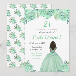 Donkere Huid Prinses Mint Bloemen Verjaardagsfeest Kaart