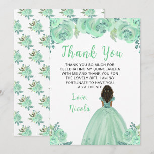 Donkere Huid Prinses Mint Bloemige Quinceanera Bedankkaart