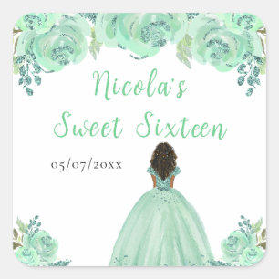 Donkere Huid Prinses Mint Bloemige Sweet Sixteen Vierkante Sticker