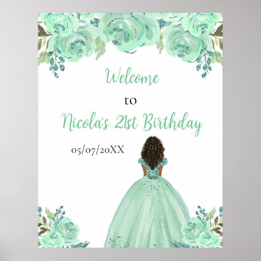 Donkere Huid Prinses Mint Bloemige Verjaardags Wel Poster (Voorkant)