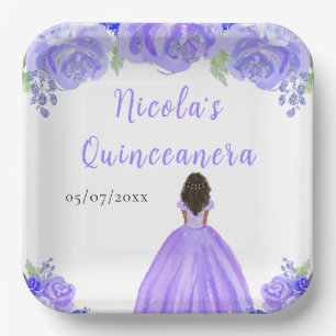 Donkere Huid Prinses Paarse Bloem Quinceanera Papieren Bordje