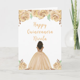 Donkere Huid Prinses Perzik Bloemen Quinceanera Kaart