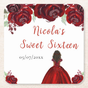 Donkere Huid Prinses Rood Bloemig Sweet Sixteen Vierkante Kartonnen Onderzetter