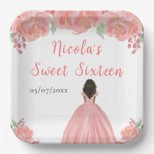 Donkere Huid Prinses Roze Bloemige Sweet Sixteen Papieren Bordje