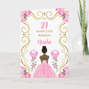 Donkere huid prinses roze Happy Birthday Kaart