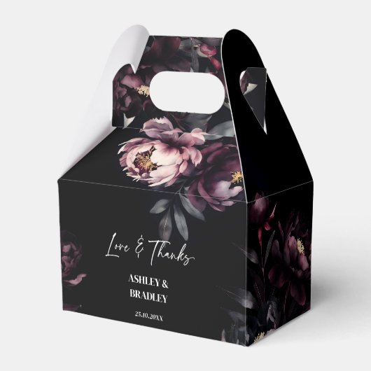 Donkere humeurige bordeaux bloemen bruiloft gunste bedankdoosjes (Voorkant Zijde)
