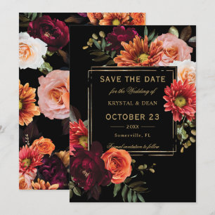 Donkere Humeurige Zwarte Bordeaux Oranje Bloemige Save The Date