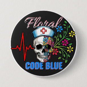 Donkere Humor "Floral Code Blue" Med Skull Nurse Ronde Button 7,6 Cm